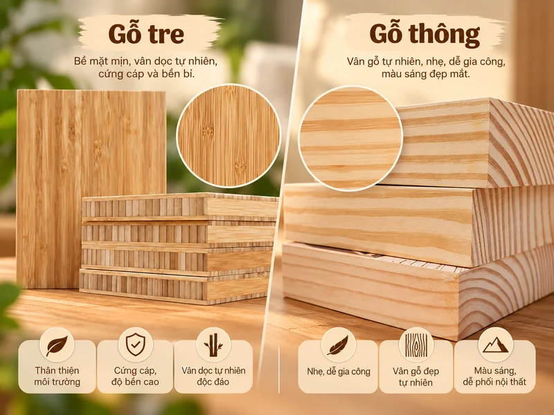 o sánh cấu trúc và vân bề mặt của tre ép và gỗ thông nguyên khối dùng làm ảnh gỗ.